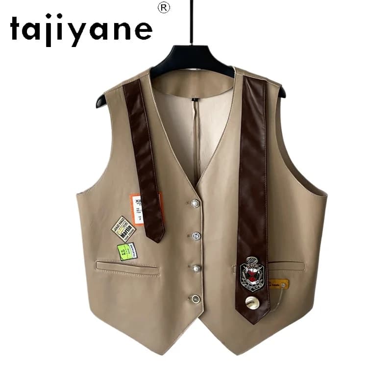 TAJIYANE Genuine Leather Jacket Women Short Sheepskin Vest Sleeveless Biker Jackets Patch Badge Waistcoat Leather Veste Femme