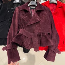 YOLOAgain Real Leather Jacket Women With Belt Lapel Oversized Dark Brown Suede Jacket Coat Ladies