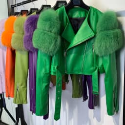 Leather Jacket Factory Ladies Short Leather Jacket Real Fox Fur Sleeve Coat Women Autumn 21001