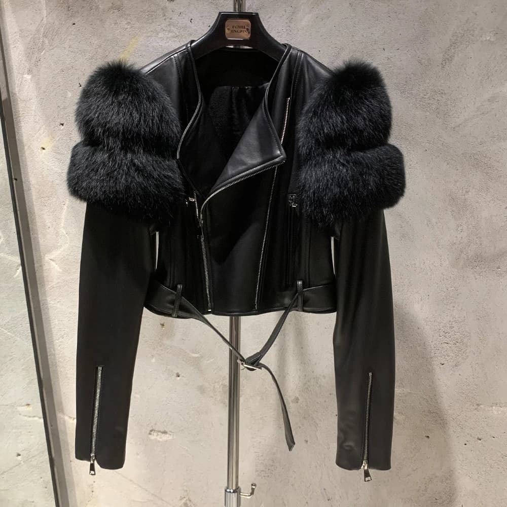 Leather Jacket Factory Ladies Short Leather Jacket Real Fox Fur Sleeve Coat Women Autumn 21001