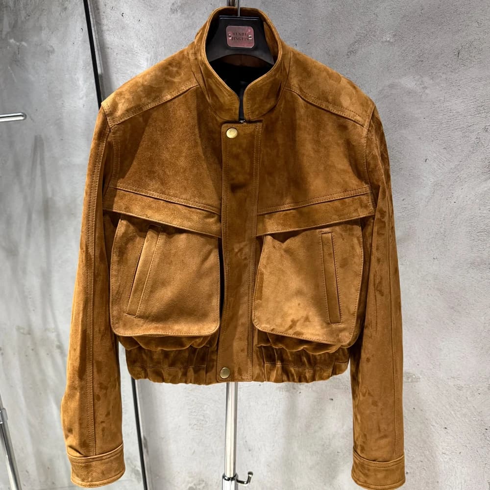 Suede Bomber Women Winter Genuine Sheep Leather Suede Coat with Big Pockets on the Body