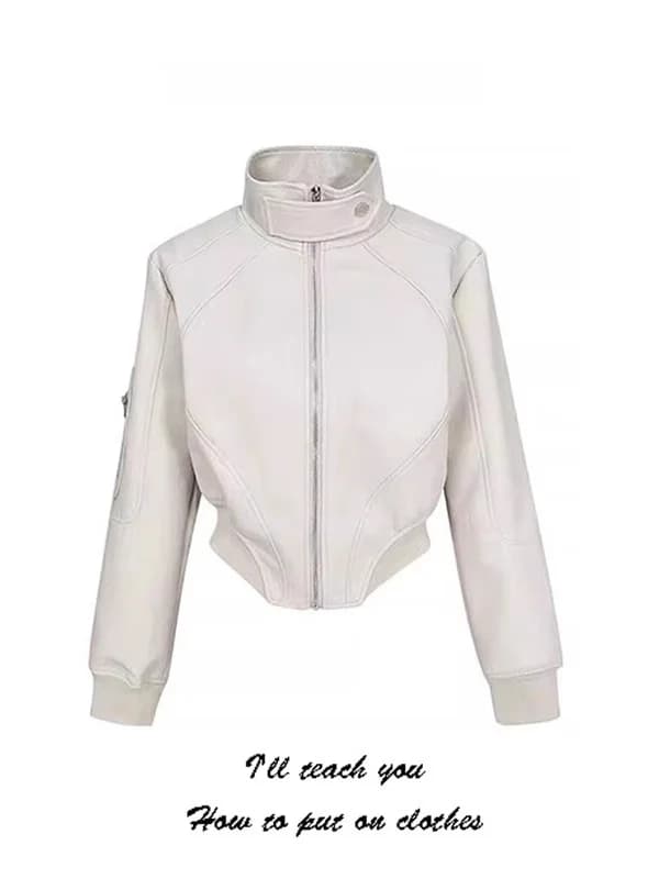 Retro High-End White PU Leather Jacket Short Women's Motorcycle Style Autumn New Small Design Trendy Coat Female Fashion