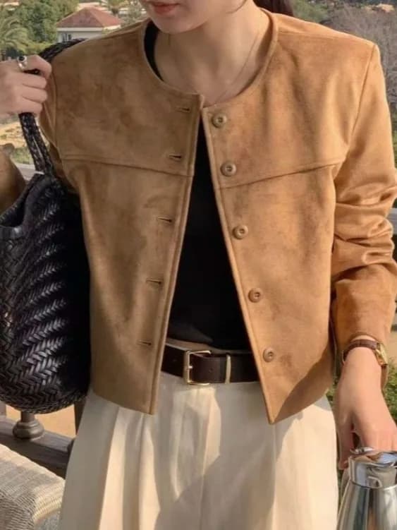 Retro Suede Short Jacket Women's Hong Kong Style Chic High Design Sensation Slimming Small Size Single Button Jacket Top