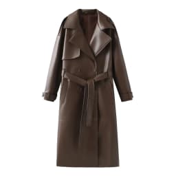 Leather Windbreaker Coat Women's Autumn Winter Loose Style with Belt Red Wine Color Street Style Casual Fashion Outerwear