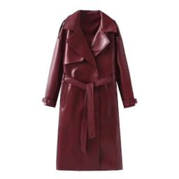 Leather Windbreaker Coat Women's Autumn Winter Loose Style with Belt Red Wine Color Street Style Casual Fashion Outerwear