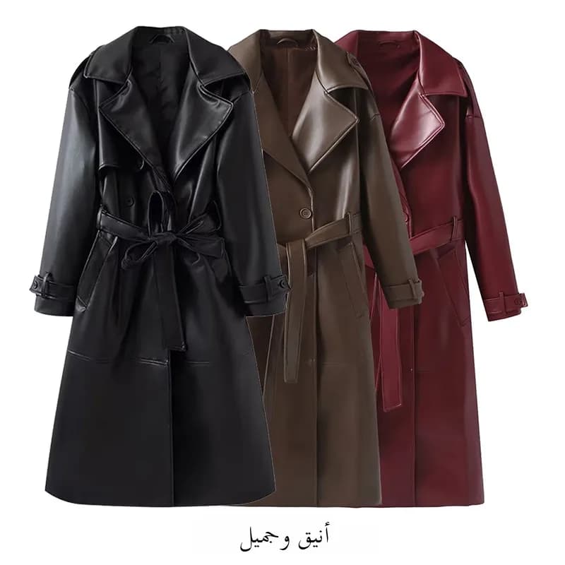 Leather Windbreaker Coat Women's Autumn Winter Loose Style with Belt Red Wine Color Street Style Casual Fashion Outerwear
