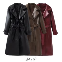 Leather Windbreaker Coat Women's Autumn Winter Loose Style with Belt Red Wine Color Street Style Casual Fashion Outerwear
