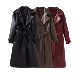 Leather Windbreaker Coat Women's Autumn Winter Loose Style with Belt Red Wine Color Street Style Casual Fashion Outerwear