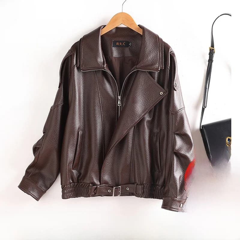 Real Leather Jacket Women's Short Casual Autumn Winter New Style Elastic Waist Loose Sheepskin Coat Casual Outerwear