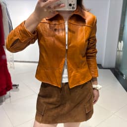 YOLOAgain Women's Cropped Crinkled Genuine Leather Jacket Lapel Collar Short Leather Coat