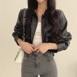 Retro Hong Kong Style Chic Black PU Leather Jacket Short Collar Women's Fashion Outerwear Short Length Zipper Closure Top