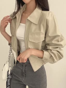 Retro Hong Kong Style Chic Black PU Leather Jacket Short Collar Women's Fashion Outerwear Short Length Zipper Closure Top