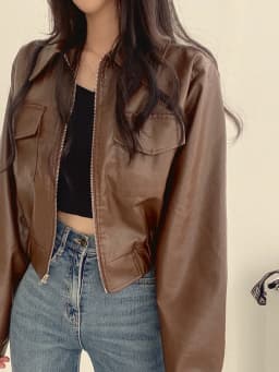 Retro Hong Kong Style Chic Black PU Leather Jacket Short Collar Women's Fashion Outerwear Short Length Zipper Closure Top