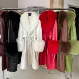 YOLOAgain Women's Real Fox Fur Collar Leather Trench Coat Sheepskin Jacket Long