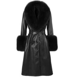 YOLOAgain Women's Real Fox Fur Collar Leather Trench Coat Sheepskin Jacket Long