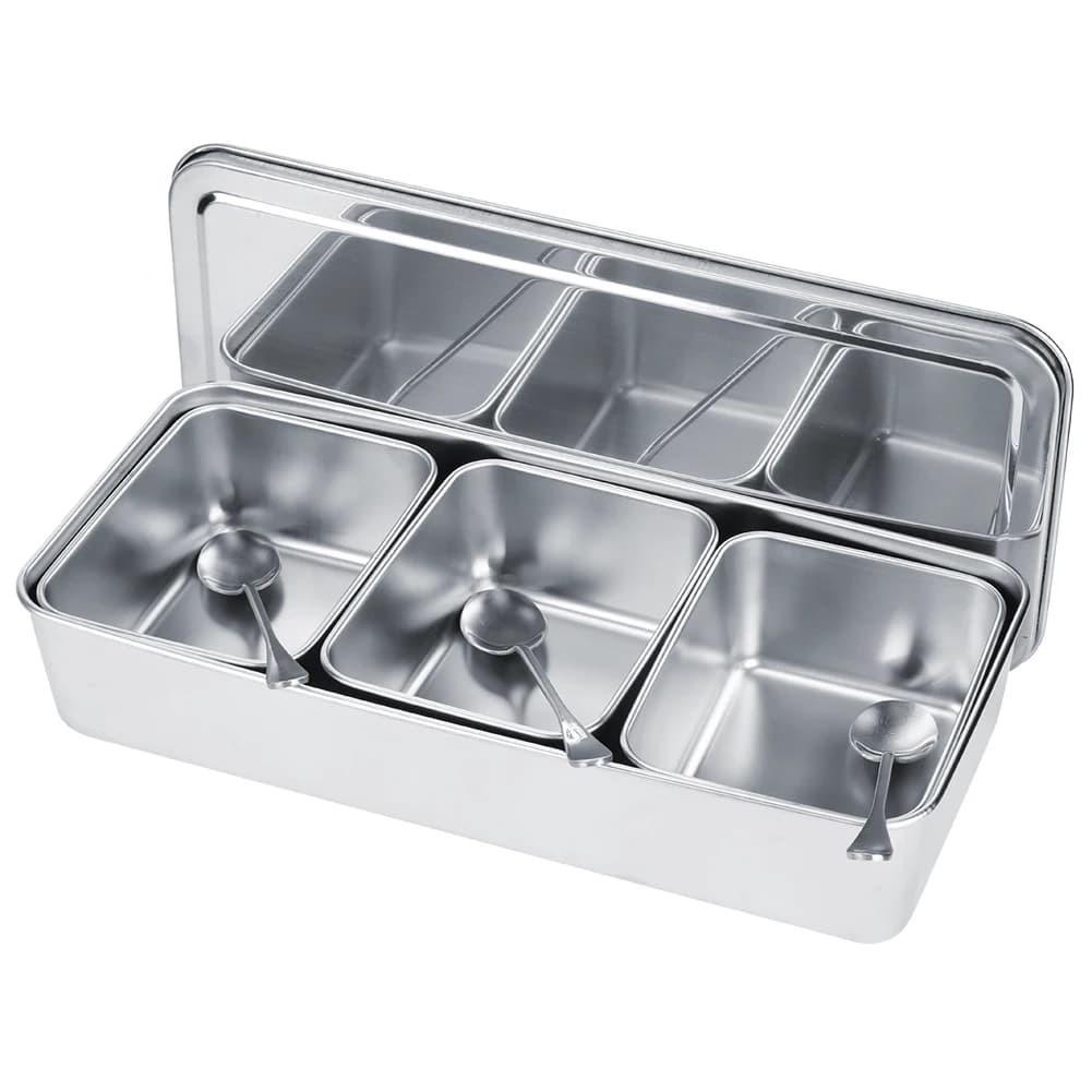 Stainless Steel Seasoning Box 3 Grids Multifunction Spice Container with Spoons Cover for Snacks Flour Dry Goods Fruits