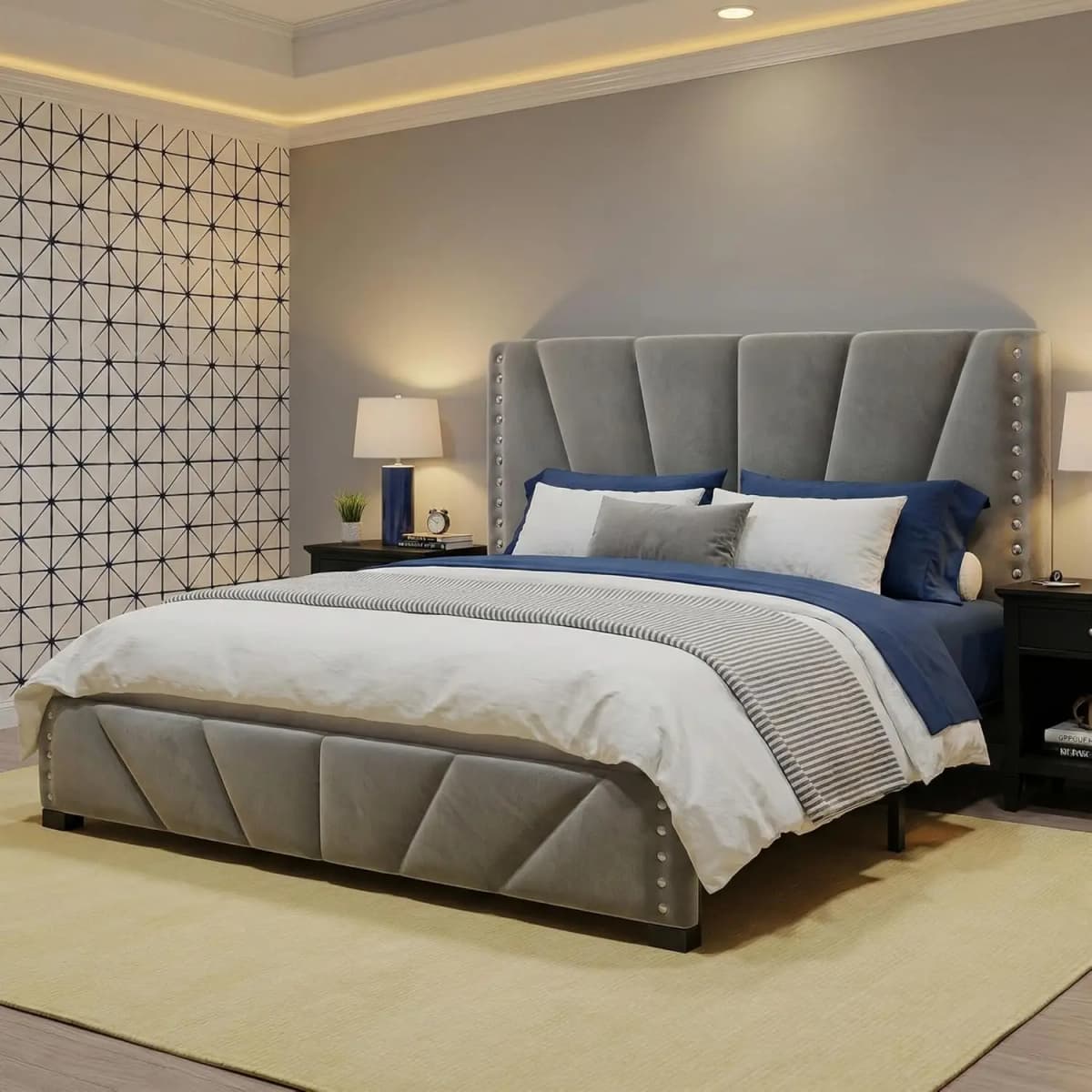 Queen Bed Frame with LED Lights & USB, Noise-Free, Grey | Adjustable Velvet Headboard,Under-Bed Storage,Heavy Duty, Customized