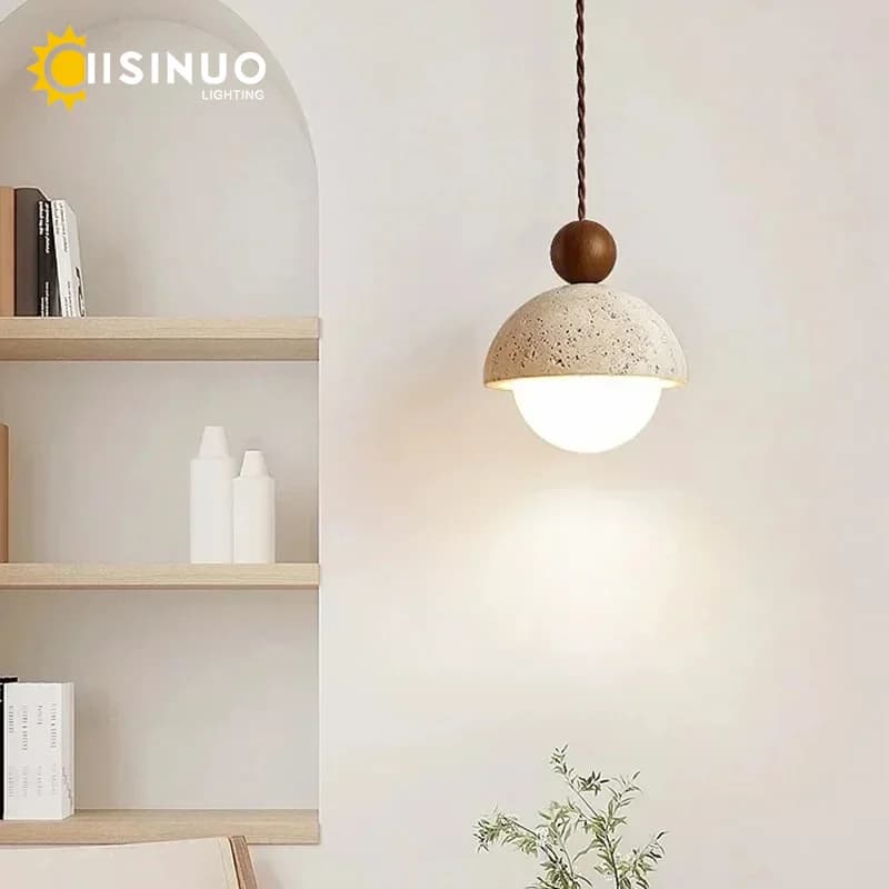 Natural Cave Stone Pendant Light LED Yellow Travertine Bedside Hanging Lighting Fixture for Restaurant Bedroom Living Room Decor
