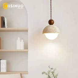 Natural Cave Stone Pendant Light LED Yellow Travertine Bedside Hanging Lighting Fixture for Restaurant Bedroom Living Room Decor