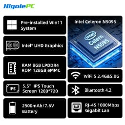 Higole Gole 2 Pro 5.5'' Mini PC Intel N5100/N5095 Windows 11 WiFi5 8/16 128/256G 4K Windows Tablet Desktop PC Mini Computers