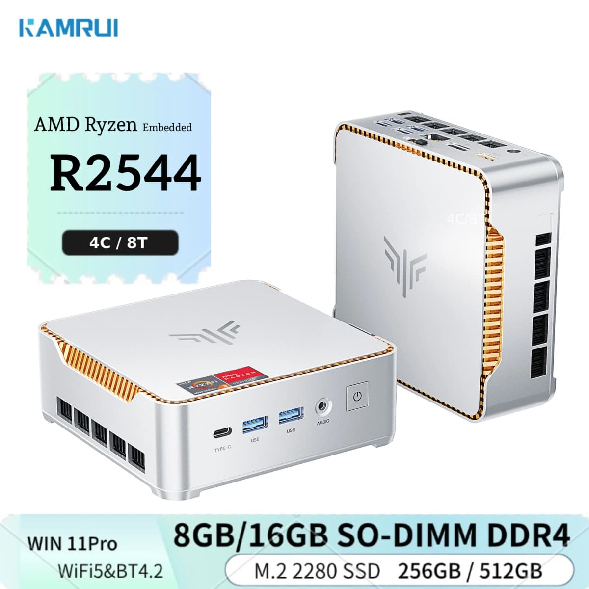KAMRUI Mini PC 16GB SO-DIMM DDR4 512 M.2 2280 SSD AMD Ryzen R2544 up to 3.7GHz HDMI+DP1.4 Dual 4K UHD WiFi5 Desktop Micro PC