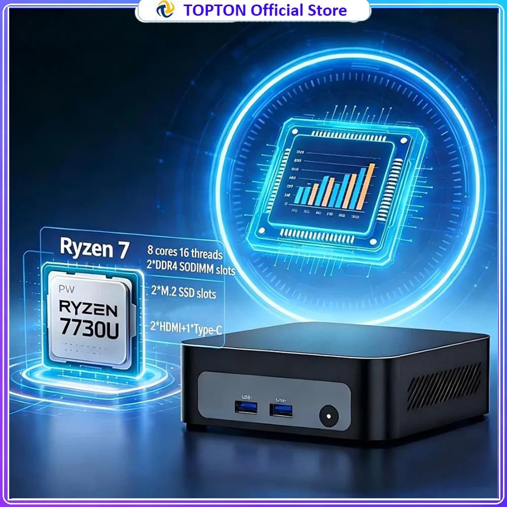 Topton Palm Gaming Mini PC AMD Ryzen 7 7730U 5825U 5800U R5 7530U 5600U Metal Nuc NVMe DDR4 Desktop Windows 11 Office Computer