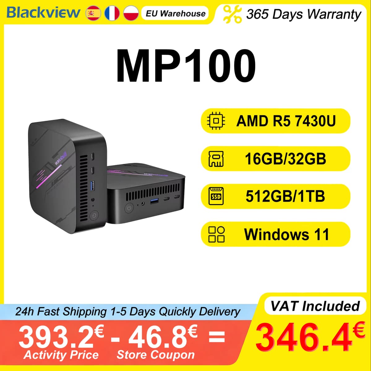 Blackview MP100 Mini PC AMD Ryzen5 7430U 16GB/32GB RAM 512GB/1TB ROM WiFi 6 Windows 11 6-Core 12-Thread BT5.2 Mini Computer PC