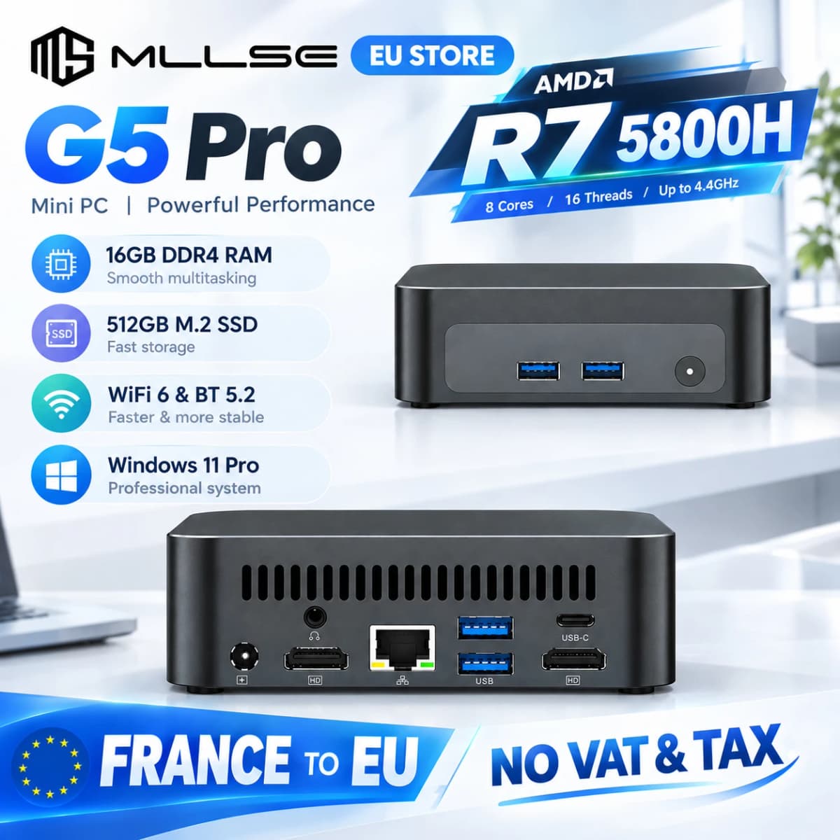 Mllse Mini Pc G5 Pro Amd Ryzen 7 5800H, 16Gb Ram, 512Gb Ssd, Wi-Fi 6, Bluetooth 5.2, Windows 11 Mini Desktop Computer
