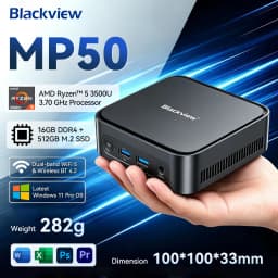 BLACKVIEW MP50 Mini PC,AMD Ryzen 5 3500U(4C/8T Up to 3.7GHz),Radeon Vega 8 Graphics,16GB DDR4 2666MHz,512GB M.2 SSD Dual SSD Support,Windows 11 Pro,WiFi5 BT4.2,9 Ports,4K UHD Output,Two‑fold Cooling System Desktop Computer For Home Office Business
