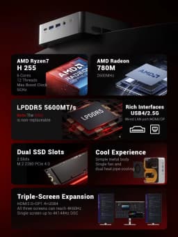 FIREBAT F1 P Mini PC 16GB/24GB LPDDR5 5600MHz 512GB/1TB SSD AMD Ryzen 7 H 255 Win11 Pro Wi-Fi 6 BT5.2 USB4.0 Gaming Desktop Mini Computer