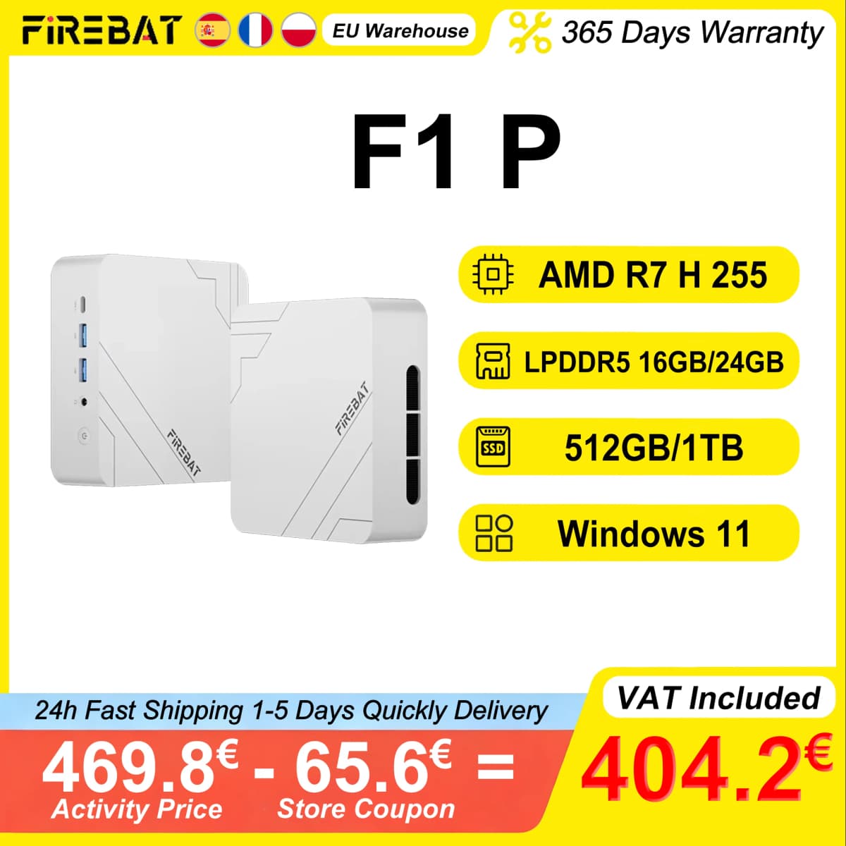 FIREBAT F1 P Mini PC 16GB/24GB LPDDR5 5600MHz 512GB/1TB SSD AMD Ryzen 7 H 255 Win11 Pro Wi-Fi 6 BT5.2 USB4.0 Gaming Desktop Mini Computer