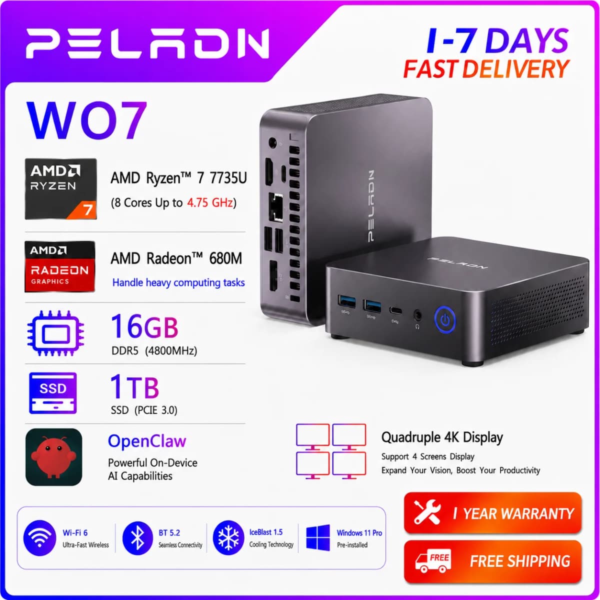 PELADN WO7 Mini PC AMD Ryzen 7 7735U (8C/16T, up to 4.75Ghz) 16GB DDR5+1TB SSD WiFi6 BT5.2 Quadruple-Display Mini Computer
