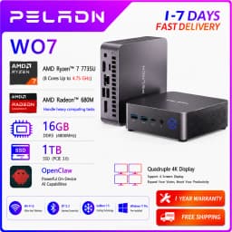 PELADN WO7 Mini PC AMD Ryzen 7 7735U (8C/16T, up to 4.75Ghz) 16GB DDR5+1TB SSD WiFi6 BT5.2 Quadruple-Display Mini Computer