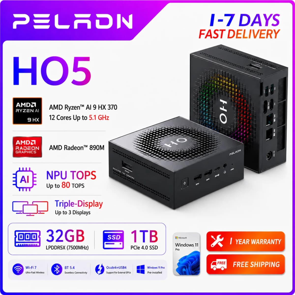PELADN Gaming Mini PC AMD Ryzen AI 9 HX 370 (12 Cores,up to 5.1Ghz), 32GB LPDDR5X 1TB PCIe 4.0 SSD Dual 2.5G LAN USB4 20Gbps Type-C/DP/HD Mini Desktop Computer WiFi7 4K/60Hz Triple-Display USB3.2/BT5.4 Mini Computers