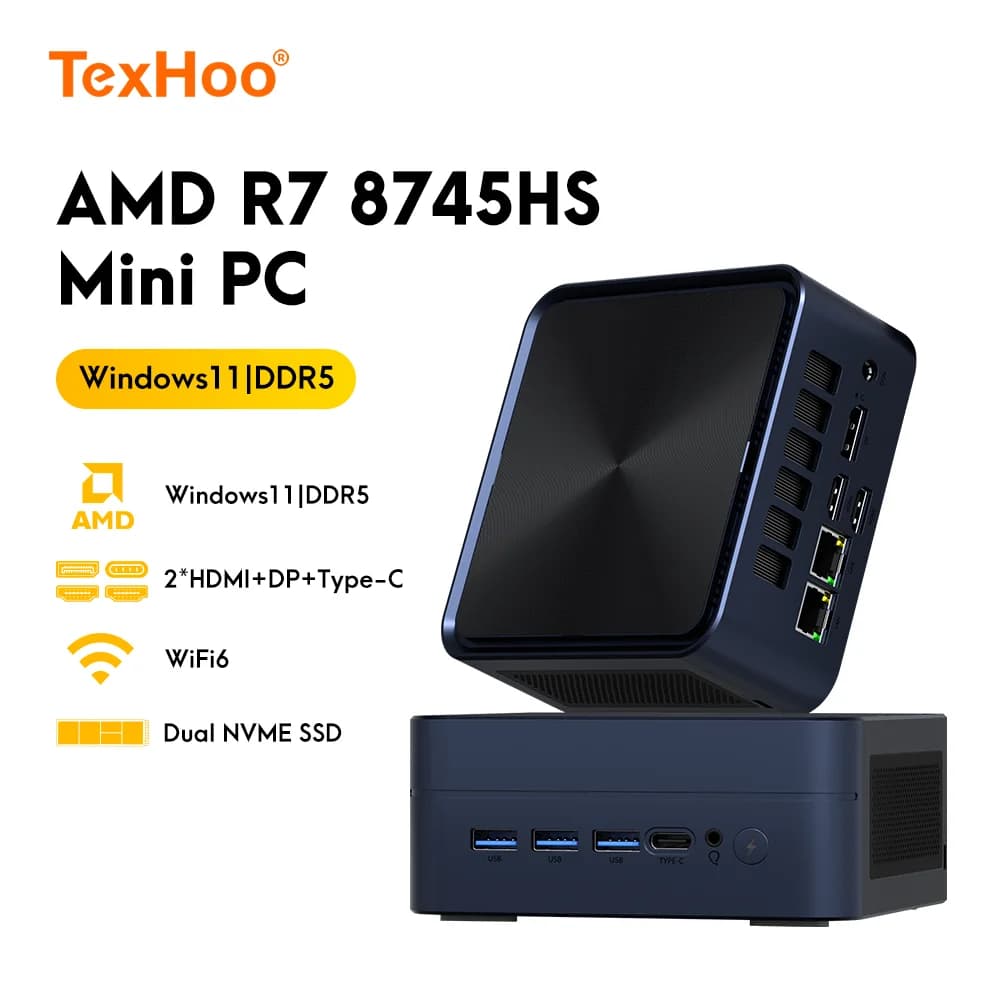 AittactXTexHoo MINI PC AMD R7 8745HS 7840HS 7735HS R5 6600H DDR5 NVMe Dual HDMI DP 4K Wifi6 WDesktop Gaming Computer
