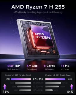 KAMRUI Mini Gaming PC R7 H255 16GB LPDDR5 512GB M.2 PCIe4.0 SSD Wifi6E BT5.2 2.5G LAN Radeon 780M 8K Win11pro Desktop Computer