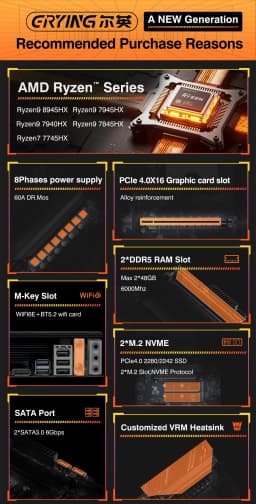 ERYING Ryzen 9 7845HX/7940HX/7945HX/8945HX Gaming Motheboard DDR5 M.2 2280 SSD M-ATX Motheboard WIFI6E ARGB AM5 Socket Gaming PC