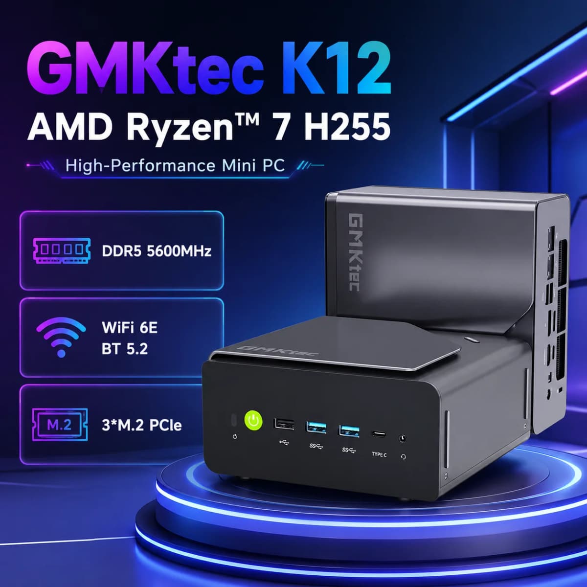 GMKtec K12 Mini PC AMD Ryzen 7 DDR5 5600MHz PCIe 4.0 NVMe SSD WiFi 6E BT5.2 8K HD Gaming Office Desktop Computer