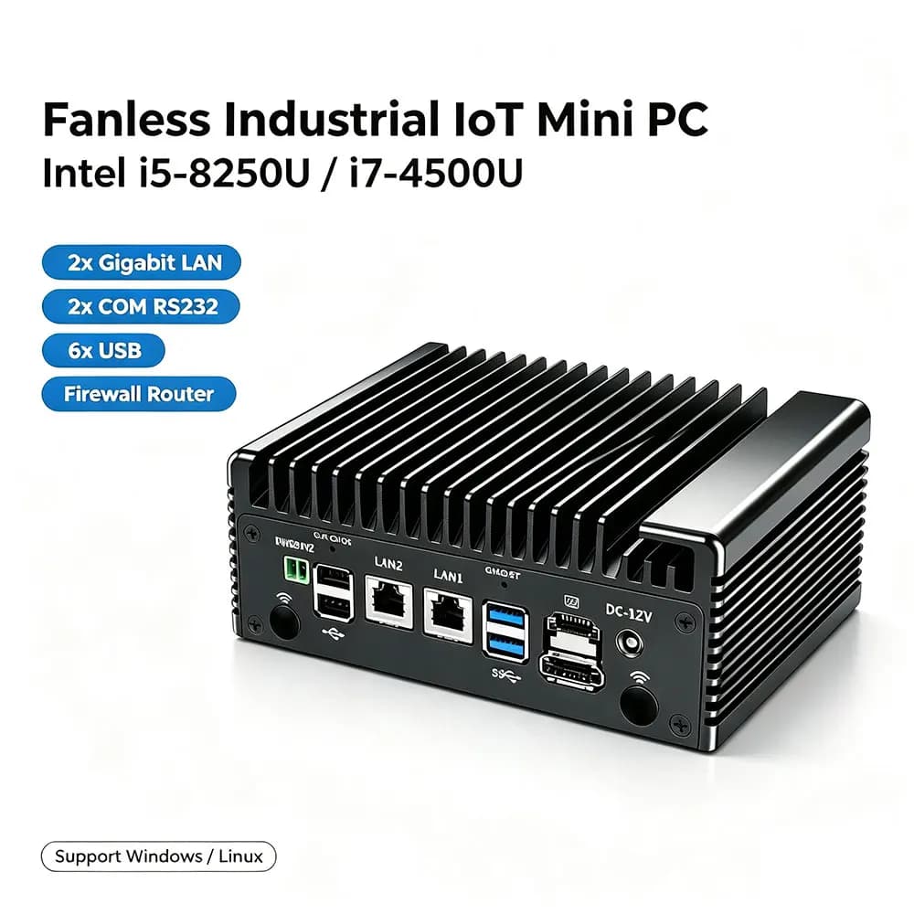 Fanless Industrial IoT Mini PC Intel Core i5 8250U i7 4500U 2xGigabit LAN 2xCOM Industrial Firewall Computer Windows Home Server