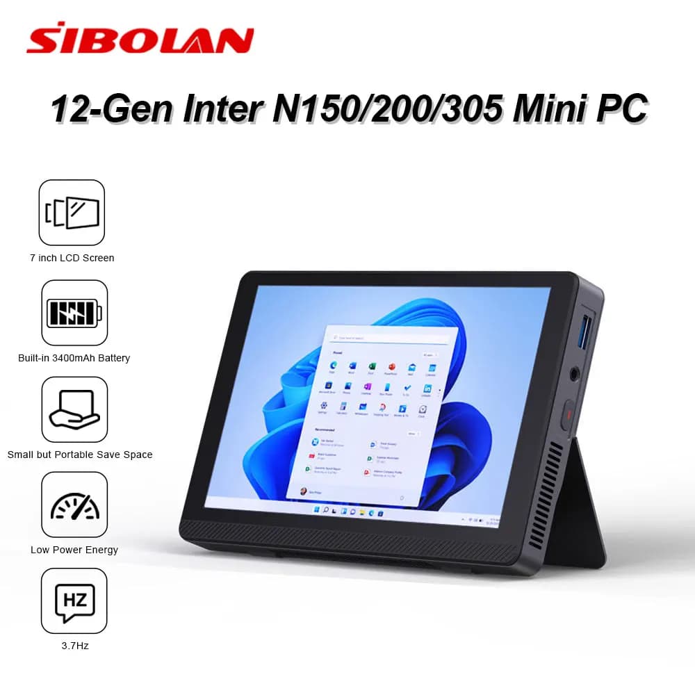 Sibolan 12-Gen Mini PC with 7 inch LCD Screen Inter N150/200/305 DDR5 3.7Hz Support WIFI 6.0 BT 5.2 For Home Office & Gaming