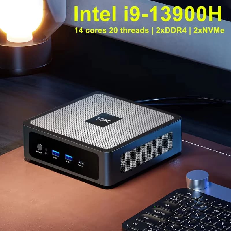 TOPC Mini PC Gamer, 13th Gen Intel Core I9-13900H/I7-13700H, 2xDDR5 RAM, 2xNVMe SSD, 2xLAN, Desktop Gaming Small Computer