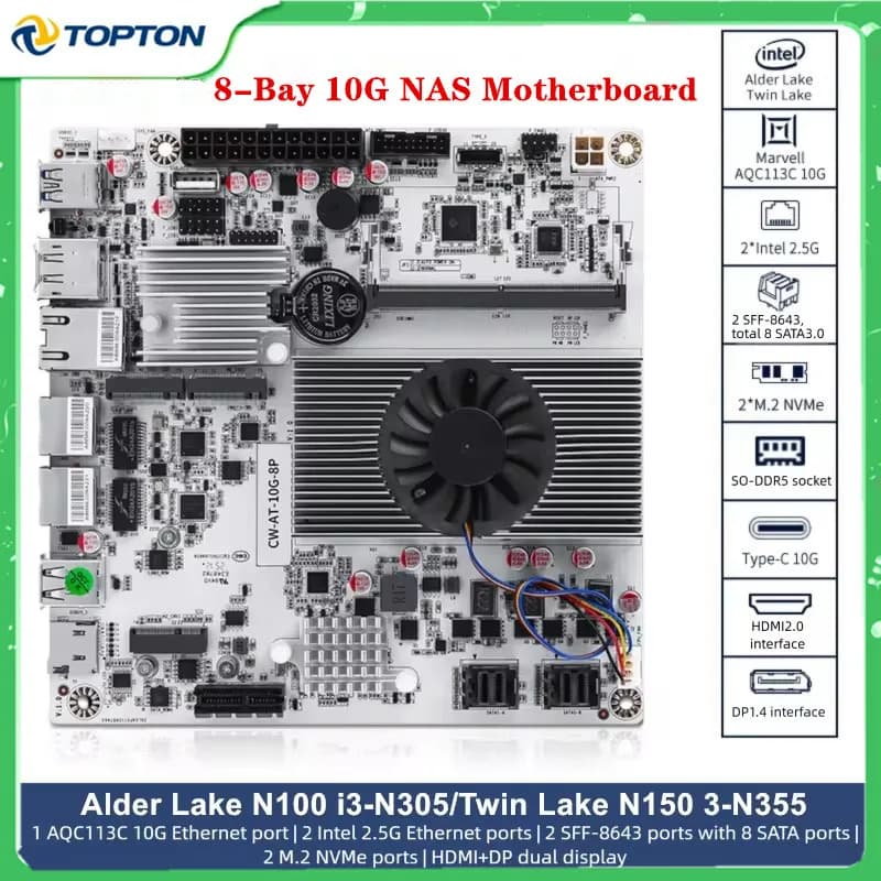 Topton 8-Bay 10G NAS Motherboard Intel i3-N300 N150 1*10G+2*2.5G LANs 2*NVMe 2*SFF-8643 to 8*SATA Type-C Firewall ITX Mainboard