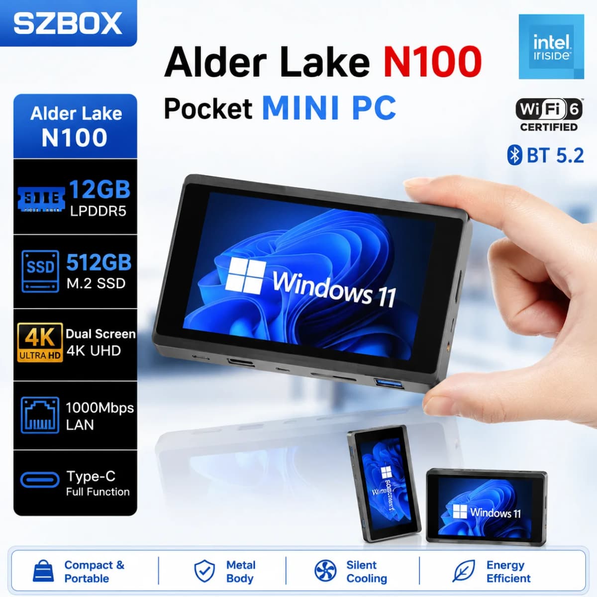 SZBOX JX5 Pocket Mini PC Intel Alder Lake N100 LPDDR5 12GB Windows 11 WIFI6 BT5.2 Dual Screen Type-C Portable Mini Computer Meta