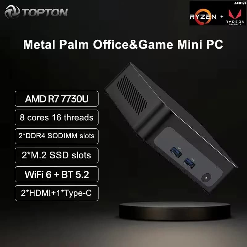 Topton Metal Palm Gaming Mini PC AMD Ryzen 7 7730U 5825U 5800U R5 7530U 5600U DDR4 NVMe Nuc Mini Computer Windows 11 WiFi6 BT5.2