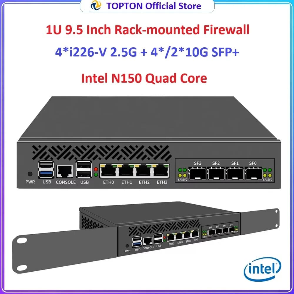 Intel N150 1U 9.5 Inch Rack Mounted Mini PC Firewall 4*/2*10G SFP 4* I226-V 2.5G LAN Mini Computer Network Security Home Server