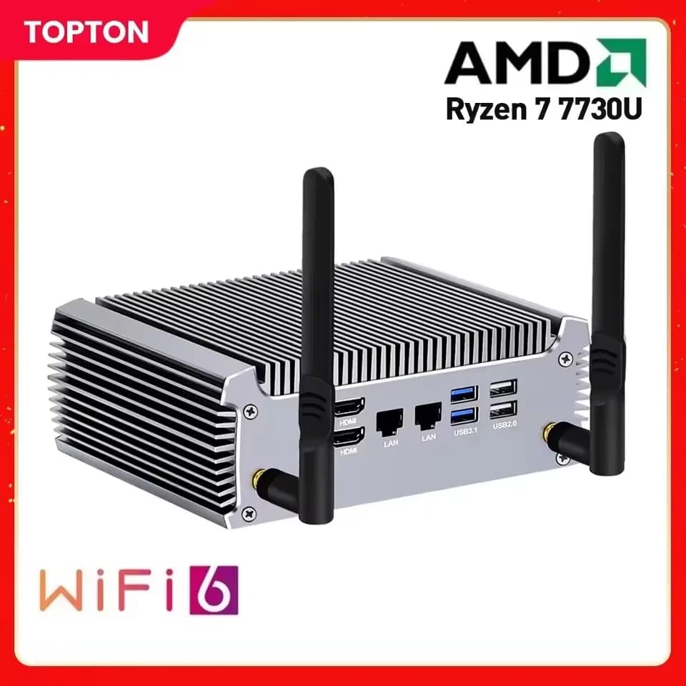 Topton FU02 Fanless Mini PC AMD Ryzen 7 7730U 5825U R5 5625U 4500U Gaming Computer Dual LAN Firewall 2*HDMI2.0 NVMe DDR4 WiFi6