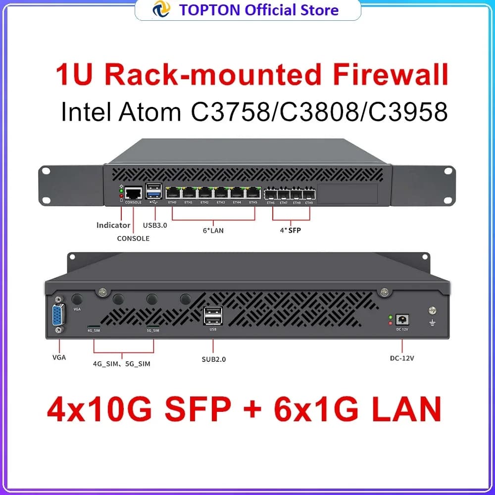 Topton 4*10G SFP 1U Rack Mounted NAS Mini PC Intel Atom C3758 C3808 C3958 6*1G LAN DDR4 NVMe PfSense OPNsense Firewall PC Server