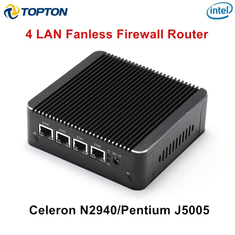 Topton 4 LAN Fanless Firewall Mini PC Intel Celeron N2940 J4125 Pentium J5005 Soft Router Industrial Computer PfSense OPNsense