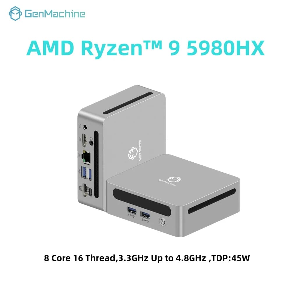GenMachine Mini PC Computer Gaming AMD Ryzen 9 5980HX 8 Core 16 Thread 4.8GHz 45W Dual HDMI LAN WIFI6 Office DDR4 NVMe Computer