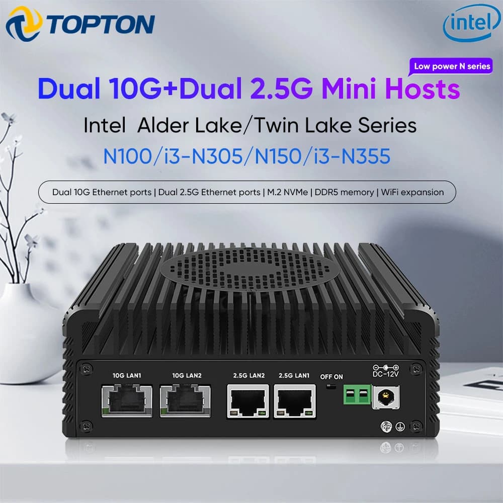 Topton 4 NICs Solid Metal Firewall PC Intel I3-N305 N150 2*10G 2*2.5G RJ45 LANs DDR5 2*NVMe NAS Mini PC Proxmox ESXi Home Server